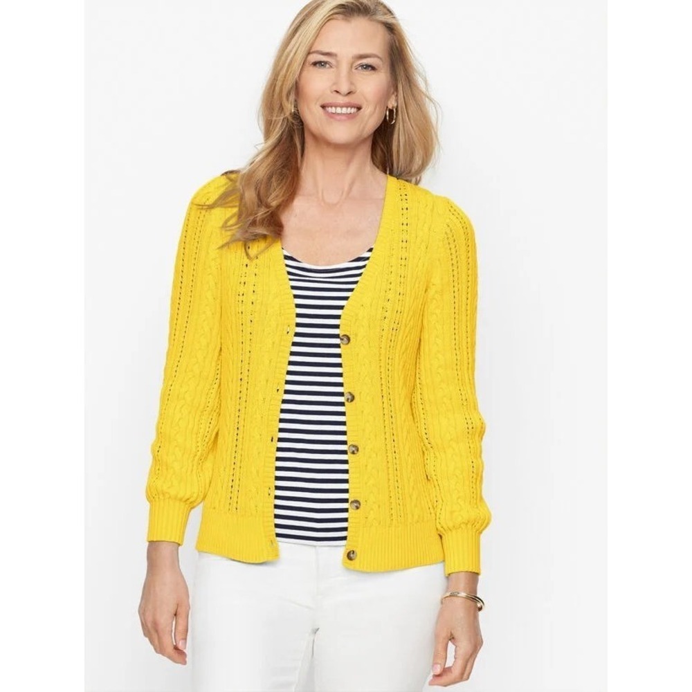 Talbots‎ Yellow Pointelle V-Neck Classic Cotton Preppy Twee Mature Cardigan Sz L